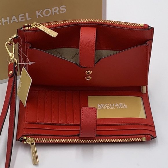 Michael Kors Large Double Zip Wristlet Wallet Leather Flame Color - Picture 2 of 16